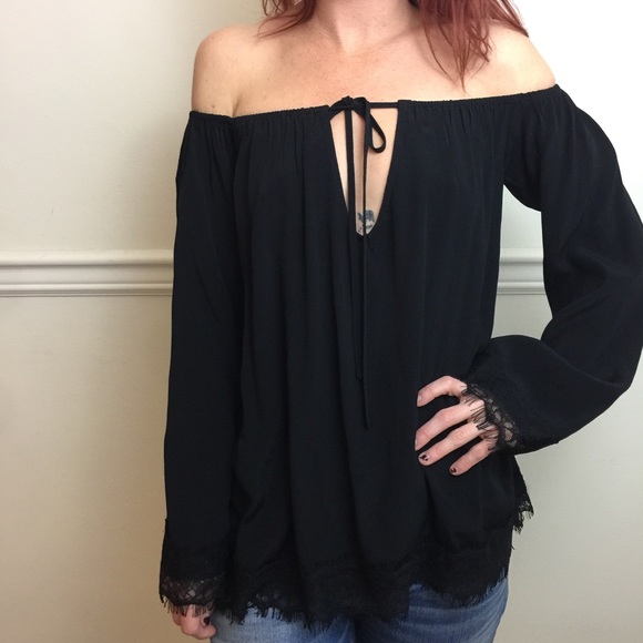 For Love and Lemons Black Lace Trim OTS Blouse Top - Picture 7 of 8